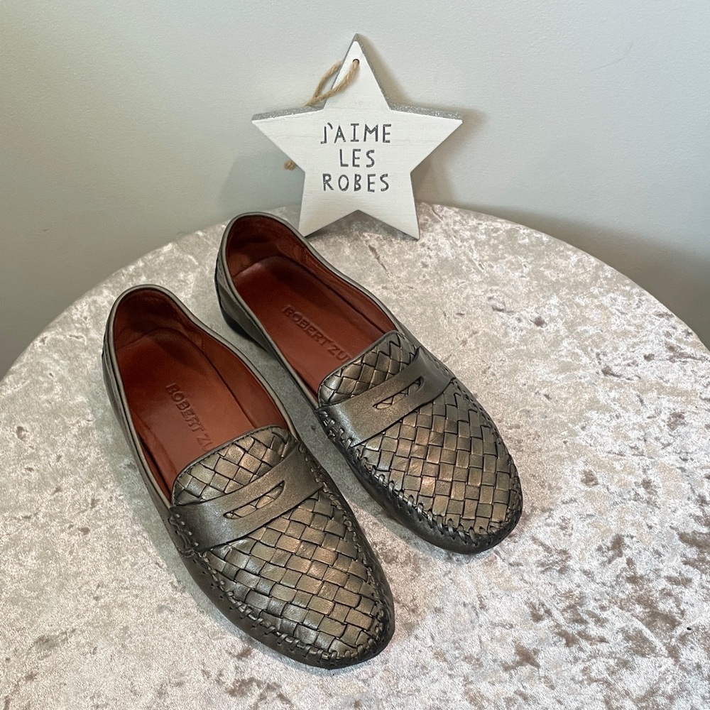 ROBERT ZUR Petra Metallic Leather Woven Driving Loafers